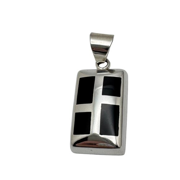 Vintage 925 Sterling Silver Black Onyx Modernist Mosaic Chunky Pendant